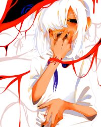 Rule 34 | 1other, androgynous, black eyes, black nails, blood, blood on hands, blush, gender request, hair over one eye, hand up, highres, kiro-ji, looking at viewer, medium hair, original, red background, shirt, short sleeves, solo, teeth, tentacles, upper body, upper teeth only, white background, white hair, white shirt