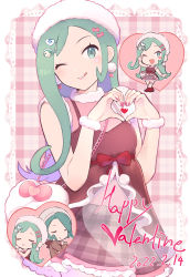 Rule 34 | 1boy, 1girl, :q, absurdres, alternate costume, bow, chibi, chibi inset, closed mouth, commentary request, creatures (company), dated, earrings, eyelashes, fur hat, game freak, green eyes, green hair, hands up, happy valentine, hat, heart, heart hands, highres, jewelry, lisia (pokemon), long hair, multiple views, nail polish, nintendo, one eye closed, pink nails, pokemon, pokemon oras, red bow, smile, tongue, tongue out, tudurimike, uncle and niece, wallace (pokemon), white headwear