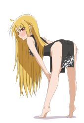 Rule 34 | 1girl, absurdres, ahoge, ass, barefoot, bent over, black dress, blonde hair, blush, bocchi the rock!, china dress, chinese clothes, closed mouth, commentary, dress, eyelashes, feet, from behind, full body, highres, ijichi seika, legs, looking at viewer, looking back, orange eyes, pelvic curtain, print dress, short dress, simple background, sleeveless, sleeveless dress, soles, solo, thighs, thundradrawings, tiptoes, toes, white background