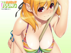 Rule 34 | 10s, 1girl, 2011, bare legs, bare shoulders, between breasts, bikini, blonde hair, blush, breasts, cleavage, front-tie top, hair ribbon, ino (magloid), kneeling, large breasts, long hair, looking up, men&#039;s young, multicolored bikini, multicolored clothes, multicolored stripes, pole, red eyes, ribbon, shiny skin, side-tie bikini bottom, smile, solo, strap gap, striped bikini, striped clothes, swimsuit, tan, tanline, tareme, wallpaper
