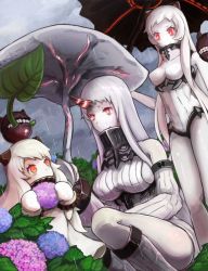 Rule 34 | 10s, 3girls, abyssal ship, ahoge, airfield princess, claws, colored skin, commentary request, detached sleeves, dress, enemy aircraft (kancolle), flower, holding, horns, hydrangea, kantai collection, long hair, mittens, mizuchi (mizuchi7118), multiple girls, northern ocean princess, orange eyes, rain, red eyes, seaport princess, single horn, smile, squatting, umbrella, white dress, white hair, white skin