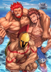 Rule 34 | 3boys, abs, bara, beard, blue eyes, breast tattoo, brown hair, commentary request, dai-xt, facial hair, fate/grand order, fate (series), flexing, giant, giant male, hand on own hip, helmet, highres, iskandar (fate), ivan the terrible (fate), large pectorals, leonidas (fate), long sideburns, looking at viewer, male focus, manly, multiple boys, muscular, napoleon bonaparte (fate), no nipples, ocean, one eye closed, pants, pectorals, scar, shorts, sideburns, smile, swimsuit, tattoo