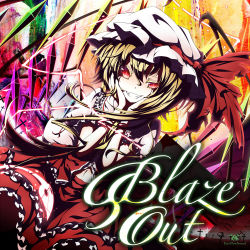 Rule 34 | 1girl, album cover, blonde hair, cover, crystal, fang, female focus, flandre scarlet, grin, hat, hat ribbon, laevatein, navel, puffy sleeves, red eyes, ribbon, short hair, short sleeves, side ponytail, slit pupils, smile, solo, touhou, ugume, weapon, wings