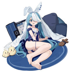 Rule 34 | 1girl, absurdres, animal ears, azur lane, barefoot, bismarck (azur lane), blue eyes, blue hair, blue nightgown, carpet, covering privates, fake animal ears, feet, flat chest, full body, hair over one eye, haruteru, here&#039;s johnny! (meme), highres, lingerie, long hair, maille-breze (azur lane), maille-breze (the noble knight&#039;s last stand) (azur lane), manjuu (azur lane), meme, multicolored hair, nightgown, official alternate costume, on floor, one eye covered, open mouth, panties, pillow, scared, simple background, sleepwear, solo, sword, thigh strap, thighs, two-tone hair, underwear, very long hair, weapon, white background, white hair, wooden sword