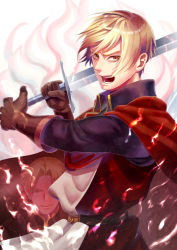 Rule 34 | 1boy, artist name, belt, blonde hair, blue eyes, brown eyes, brown gloves, cape, dated, dylan the island king, ethan the exiled hero, gloves, holding, holding sword, holding weapon, male focus, mizuki apple, open mouth, pixiv fantasia, pixiv fantasia last saga, red cape, shouting, solo, sword, weapon, white background