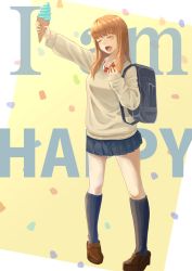 Rule 34 | 1girl, :d, ^ ^, bag, black socks, blonde hair, blue skirt, blue socks, blush, brown footwear, closed eyes, collared shirt, english text, food, head tilt, highres, holding, holding food, ice cream, ice cream cone, kneehighs, lard (kumazakiyuta), loafers, long sleeves, necktie, open mouth, original, outstretched arm, pleated skirt, red necktie, school bag, school uniform, shirt, shoes, skirt, sleeves past wrists, smile, socks, solo, standing, sweater, white shirt, wing collar