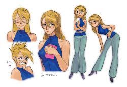 Rule 34 | 1girl, ^ ^, ace attorney, adrian andrews, aqua pants, artist name, bare shoulders, belt, black-framed eyewear, black footwear, blonde hair, blue shirt, book, breasts, brown eyes, clenched teeth, closed eyes, closed mouth, collarbone, covered collarbone, cropped torso, dated, female focus, flying sweatdrops, folded ponytail, full body, glasses, godzillapigeon1, half-closed eyes, hand on own hip, hand on own knee, hand up, happy, high heels, highres, holding, holding book, jpeg artifacts, leaning forward, long hair, looking at viewer, looking to the side, medium breasts, multiple views, nervous, open mouth, pants, phoenix wright: ace attorney - justice for all, ribbed shirt, semi-rimless eyewear, shirt, shoes, short hair, signature, sleeveless, sleeveless shirt, smile, standing, sweat, teeth, upper body, v-shaped eyebrows