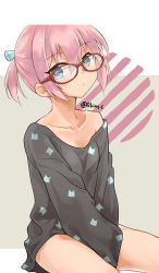 Rule 34 | 1girl, alternate costume, bespectacled, black shirt, blue eyes, breasts, closed mouth, glasses, hair between eyes, kantai collection, long sleeves, off shoulder, pink hair, ponytail, r-king, red-framed eyewear, shiranui (kancolle), shirt, simple background, sitting, small breasts, solo, twitter username