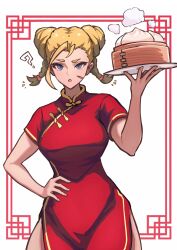 Rule 34 | 1girl, ap cammy, blonde hair, blue eyes, breasts, cammy white, chinese clothes, dress, food, hair bun, highres, large breasts, long hair, plate, scar, scar on face, short sleeves, short twintails, street fighter, twintails