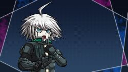 Rule 34 | 1boy, ahoge, android, blue background, blue eyes, buttons, commentary request, danganronpa (series), danganronpa v3: killing harmony, hair between eyes, hand on own chest, high collar, k1-b0, looking at viewer, male focus, official style, open mouth, outside border, outstretched hand, parody, polka dot, polka dot background, short hair, simple background, solo, style parody, teeth, upper body, upper teeth only, v-shaped eyes, white hair, yumaru (marumarumaru)