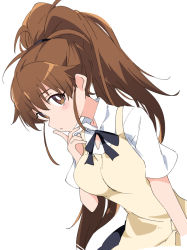 Rule 34 | 1girl, apron, blush, bright pupils, brown eyes, brown hair, closed mouth, hand up, ixy, long hair, looking at viewer, ponytail, shirt, short sleeves, simple background, solo, taneshima popura, white background, white pupils, white shirt, working!!, yellow apron