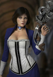 Rule 34 | 1girl, 3d, artist request, artstation sample, bioshock, bioshock (series), bioshock infinite, blue eyes, breasts, brown hair, bustier, cleavage, collar, elizabeth (bioshock infinite), highres, holding, holding weapon, image sample, open mouth, photorealistic, realistic, short hair, solo, weapon, wrist cuffs