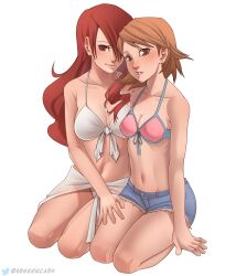 Rule 34 | 2girls, absurdres, armpit crease, artist name, bikini, blue shorts, breasts, brown eyes, brown hair, collarbone, commentary, earrings, english commentary, eyelashes, hair over one eye, hand on another&#039;s thigh, highres, jewelry, kirijou mitsuru, large breasts, long hair, looking at viewer, medium breasts, medium hair, multiple girls, navel, nsfwgreen, official alternate costume, parted lips, persona, persona 3, pink bikini, red hair, seiza, shadow, short shorts, shorts, simple background, sitting, smile, stomach, stud earrings, swept bangs, swimsuit, takeba yukari, thighs, torn clothes, torn shorts, twitter logo, twitter username, white background, white bikini