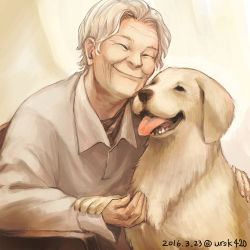 Rule 34 | 10s, 2016, ^ ^, closed eyes, closed mouth, dated, dog, closed eyes, hand on another&#039;s back, long sleeves, old, open mouth, original, realistic, shirt, short hair, smile, solo, tongue, tongue out, twitter username, uraki (tetsu420), white hair, white shirt