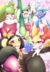 Rule 34 | 5girls, ahoge, animal ear fluff, animal ears, animal nose, armpits, arms up, ass, bare shoulders, black fur, black skin, blue bow, blue necktie, blue skin, blunt bangs, blush, body fur, bow, bow panties, braixen, bright pupils, brionne, cameltoe, closed mouth, collared shirt, colored skin, creatures (company), earpiece, extra mouth, fang, fangs, female focus, flat chest, fox ears, fox girl, fox tail, from behind, furry, furry female, game freak, gen 3 pokemon, gen 6 pokemon, gen 7 pokemon, gradient background, green eyes, green hair, green legwear, green necktie, green skin, hair bow, half-closed eyes, hand on own ass, hand to own mouth, hand up, happy, heart maebari, idol, kirlia, long hair, looking at viewer, looking back, maebari, mawile, medium hair, miniskirt, monster girl, multicolored skin, multiple girls, necktie, negoya, nintendo, nose blush, open mouth, orange legwear, outline, outstretched arm, panties, pantyshot, pink bow, pink eyes, pink panties, plant girl, pokemon, pokemon (creature), purple bow, purple skin, purple skirt, red bow, red eyes, red necktie, shirt, shirt tucked in, sidelocks, skirt, sleeveless, sleeveless shirt, smile, snout, split, spread legs, standing, standing on one leg, standing split, steenee, striped background, striped clothes, striped panties, tail, thighhighs, tongue, tongue out, twintails, two-tone skin, underwear, upskirt, white fur, white outline, white pupils, white skin, yellow bow, yellow fur, yellow necktie, yellow panties, yellow skin