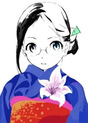 Rule 34 | 1girl, alternate costume, alternate hairstyle, black hair, blue eyes, blue kimono, commentary request, e eel, expressionless, flower, flower request, glasses, hair behind ear, hair bun, hair ornament, highres, japanese clothes, kimono, light blush, looking at viewer, obi, obijime, parted bangs, parted lips, pink flower, saitou kaede (yama no susume), sash, simple background, single side bun, single sidelock, solo, straight-on, upper body, yama no susume