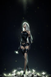 Rule 34 | 1girl, android, dark background, flower, joints, light, lisa buijteweg, long hair, looking up, mole, mole under mouth, nier (series), nier:automata, robot joints, short shorts, shorts, silver hair, smile, solo, a2 (nier:automata)