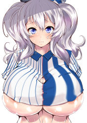 Rule 34 | 10s, 1girl, absurdres, areola slip, breasts, employee uniform, highres, huge breasts, kantai collection, kashima (kancolle), lawson, long hair, sankakusui, silver hair, simple background, solo, sweat, underboob, underwear, uniform, white background