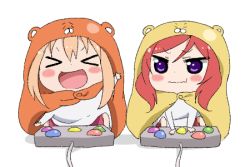 Rule 34 | &gt; &lt;, 10s, 2girls, :d, > <, animal costume, blonde hair, blush, chibi, controller, cosplay, crossover, doma umaru, game controller, gamepad, hamster costume, himouto! umaru-chan, hood, komaru (cosplay), komaru (himouto! umaru-chan), love live!, love live! school idol project, lowres, matching outfits, multiple girls, nishikino maki, open mouth, playing games, pop&#039;n music, purple eyes, red hair, short hair, simple background, sitting, smile, sooki, wavy mouth, white background, xd
