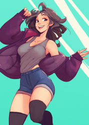 Rule 34 | 1girl, absurdres, aqua background, arm up, black thighhighs, blue shorts, brown eyes, brown hair, cowboy shot, grey tank top, high-waist shorts, highres, jacket, long hair, long sleeves, open clothes, open jacket, open mouth, original, puffy long sleeves, puffy sleeves, purple jacket, raichiyo33, shirt tucked in, shorts, sleeves past wrists, smile, solo, tank top, thighhighs