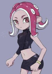 Rule 34 | 1girl, agent 8 (splatoon), asymmetrical sleeves, black shirt, black skirt, bracelet, clenched hands, closed mouth, commentary request, cowboy shot, crop top, grey background, jewelry, light frown, looking at viewer, medium hair, meis (terameisu), midriff, miniskirt, navel, nintendo, octoling, octoling girl, octoling player character, pencil skirt, pointy ears, red hair, shirt, sitting, skirt, solo, splatoon (series), splatoon 2, splatoon 2: octo expansion, squidbeak splatoon, tentacle hair, uneven sleeves