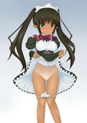 Rule 34 | 1girl, black hair, blush, bow, cleft of venus, clothes lift, criet tredis, framed breasts, green eyes, long hair, lotte no omocha!, maid, maid headdress, one-piece tan, panties, panty pull, pussy, skirt, skirt lift, solo, tan, tanline, toe fu, twintails, uncensored, underwear, white panties