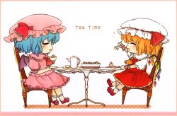 Rule 34 | 2girls, ascot, asymmetrical hair, bat wings, blonde hair, blue hair, border, bride-hat removed, cake, chair, chibi, cup, dress, english text, closed eyes, flandre scarlet, food, fork, framed, hat, hat ribbon, heart, mary janes, mob cap, multiple girls, open mouth, pink dress, puffy sleeves, red dress, rei (tonbo0430), remilia scarlet, revision, ribbon, shirt, shoes, short sleeves, siblings, side ponytail, sisters, smile, strawberry shortcake, table, teacup, teapot, touhou, wings