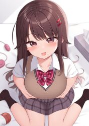 Rule 34 | 1girl, black skirt, black socks, blush, bow, bowtie, breast lift, breasts, brown hair, brown sweater vest, collared shirt, commentary request, fang, grey eyes, hair ornament, hairclip, highres, large breasts, long hair, looking at viewer, mao-chan (uramakaron), on bed, open mouth, original, plaid, plaid skirt, red bow, red bowtie, red pupils, school uniform, shirt, short sleeves, sitting, skirt, smile, socks, solo, striped bow, striped bowtie, striped clothes, sweater vest, tissue box, uramakaron, wariza, white shirt