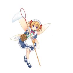 Rule 34 | 1girl, apron, black footwear, butterfly net, closed mouth, embodiment of scarlet devil, fairy wings, fang, fang out, full body, game cg, hair bobbles, hair ornament, hand net, headdress, highres, holding, holding butterfly net, long sleeves, looking at viewer, maid, orange hair, purple eyes, rotte (1109), simple background, smile, solo, sunny milk, sunny milk (scarlet), third-party source, touhou, touhou lostword, two side up, v-shaped eyebrows, white apron, white background, white footwear, wings
