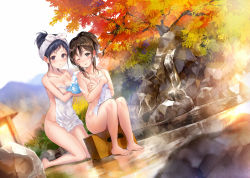 Rule 34 | 2girls, autumn leaves, barefoot, bath stool, black eyes, black hair, blush, breasts, brown eyes, brown hair, cleavage, collarbone, covering privates, covering breasts, day, dutch angle, fukahire (ruinon), groin, hair up, hanekoto, holding, kneeling, long hair, looking at viewer, medium breasts, multiple girls, naked towel, nude, nude cover, one eye closed, onsen, open mouth, original, outdoors, parted lips, ponytail, rock, sitting, stool, towel, washing back, wet, white towel