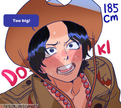 Rule 34 | 1boy, alternate costume, black eyes, black hair, blush, boob shadow (meme), brown jacket, commentary, english commentary, english text, freckles, full-face blush, hat, highres, jacket, jewelry, meme, necklace, one piece, open mouth, portgas d. ace, rita ya, short hair, speech bubble, sweatdrop, teeth
