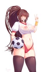 Rule 34 | 1girl, ball, blush, breasts, brown hair, cameltoe, covered erect nipples, curvy, gender request, genderswap, gym uniform, highres, huge breasts, kyon, kyonko, large breasts, long hair, looking at viewer, midriff, navel, nipples, open mouth, ponytail, puffy nipples, see-through, shirt, soccer ball, solo, standing, suzumiya haruhi no yuuutsu, sweat, tesomu, thick thighs, thighhighs, thighs, v, very long hair, wet, wet clothes, wide hips, yellow eyes