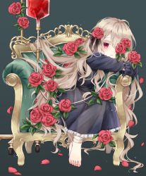 Rule 34 | 1girl, blonde hair, blood, blood bag, chair, child, closed mouth, dress, flower, grey background, highres, intravenous drip, long hair, one eye covered, original, purple eyes, red flower, red rose, rii (pixiv11152329), rose, sitting, solo, wavy hair