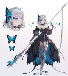Rule 34 | 1girl, absurdres, armor, bare shoulders, black choker, black dress, black panties, blue butterfly, bug, butterfly, butterfly hair ornament, chain, choker, closed mouth, commentary, detached sleeves, dress, english commentary, eyeliner, full body, greaves, grey footwear, hair ornament, highres, holding, holding polearm, holding weapon, insect, juliet sleeves, leg armor, long sleeves, looking at viewer, looking away, makeup, medium hair, multiple views, okku, original, paint splatter, panties, parted lips, polearm, puffy sleeves, see-through, shoes, silver hair, simple background, standing, strapless, strapless dress, underwear, weapon, white background, yellow eyes