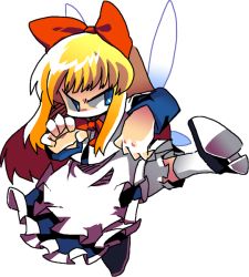 Rule 34 | 1girl, 8bit, bad id, bad pixiv id, blonde hair, blue eyes, bow, female focus, fighting stance, flying kick, hachi (8bit canvas), hair bow, kicking, shanghai doll, solo, touhou, transparent background, wings