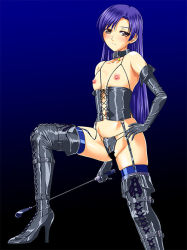 Rule 34 | 1girl, bdsm, blue hair, blush, boots, breasts, brown eyes, censored, choker, corset, dominatrix, elbow gloves, female focus, garter straps, gloves, idolmaster, idolmaster (classic), kisaragi chihaya, latex, leather, looking at viewer, nakano kinzan, nipples, riding crop, small breasts, solo, topless