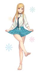 Rule 34 | 1girl, bare legs, barefoot, black choker, blonde hair, blue skirt, blush, choker, clothes lift, collarbone, collared shirt, dress shirt, ear piercing, earrings, feet, female focus, fingernails, full body, grin, highres, jewelry, kitagawa marin, lifting own clothes, long fingernails, long hair, long sleeves, looking at viewer, nail polish, necktie, parted lips, piercing, pink nails, red eyes, shirt, shirt tucked in, simple background, skirt, skirt hold, skirt lift, smile, soles, solo, sono bisque doll wa koi wo suru, standing, standing on one leg, toenail polish, toenails, toes, white background, white shirt, yuuji (and)