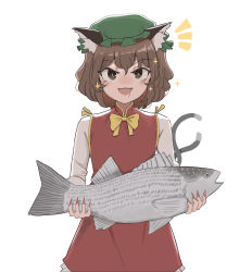 Rule 34 | 1girl, animal ear fluff, animal ears, bow, bowtie, brown eyes, brown hair, cat ears, cat tail, chen, dress, drooling, fish, fish request, green hat, hat, highres, long sleeves, mata (matasoup), mob cap, multiple tails, red dress, shirt, short hair, simple background, solo, tail, touhou, two tails, white background, white shirt, yellow bow, yellow bowtie