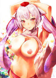 Rule 34 | 1girl, animal ear fluff, animal ears, armpits, arms up, bare shoulders, blush, breasts, clothes lift, commentary request, detached sleeves, groin, hat, highres, inubashiri momiji, large breasts, long sleeves, mayonaka taruho, navel, nipples, panties, red panties, shirt, shirt lift, side-tie panties, smile, solo, stomach, tail, tokin hat, touhou, underwear, upper body, white shirt, wide sleeves, wolf ears, wolf tail