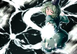 Rule 34 | 0-den, 1girl, absurdres, black hat, bright pupils, closed mouth, dress, electricity, frilled dress, frilled sleeves, frills, full body, ghost, ghost tail, green dress, green eyes, green hair, hat, highres, lightning bolt symbol, long sleeves, looking at viewer, medium hair, ofuda, ofuda on clothes, smile, soga no tojiko, solo, tate eboshi, touhou, v-shaped eyebrows