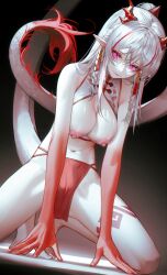 Rule 34 | 1girl, arknights, barefoot, breasts, brown background, cameltoe, closed mouth, colored extremities, colored skin, dragon girl, dragon horns, dragon tail, earrings, gradient background, gradient skin, grey hair, highres, horns, iumu, jewelry, kneeling, large breasts, leg tattoo, loincloth, long hair, looking at viewer, multicolored hair, navel, nian (arknights), nipples, pink eyes, pointy ears, red hair, red skin, smile, solo, streaked hair, tail, tattoo, two-tone hair