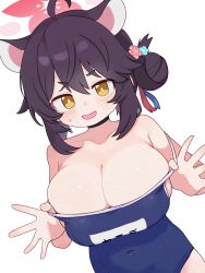 Rule 34 | 1girl, absurdres, ahoge, animal ears, bare arms, bare shoulders, black one-piece swimsuit, blue archive, blue one-piece swimsuit, blush, breasts, brown hair, cleavage, collarbone, covered navel, fang, flower, hair bun, hair flower, hair ornament, halo, hands up, highres, kaede (blue archive), large breasts, lk149, looking at viewer, name tag, one-piece swimsuit, open mouth, oppai loli, red halo, school swimsuit, short eyebrows, single side bun, solo, sweatdrop, swimsuit, upper body, yellow eyes