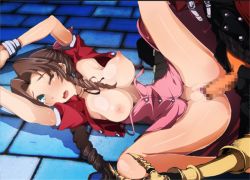 Rule 34 | 1990s (style), 1boy, 1girl, aerith gainsborough, arms up, blue eyes, blush, breasts, breasts out, brown hair, censored, final fantasy, final fantasy vii, hetero, jacket, large breasts, legs, long hair, looking down, lying, mosaic censoring, nipples, no bra, no panties, open clothes, open mouth, penis, pussy, retro artstyle, sex, spread legs, thighs, vaginal, vincent valentine, wince, yamamori gohan
