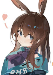 Rule 34 | 1girl, amiya (arknights), animal ear fluff, animal ears, arknights, ascot, blue choker, blue coat, blue eyes, brown hair, choker, closed mouth, clothes writing, coat, guodong, hair between eyes, heart, long hair, looking at viewer, purple ascot, rabbit ears, sidelocks, simple background, smile, solo, upper body, white background