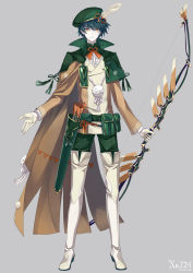 Rule 34 | 1boy, armor, arrow (projectile), belt, beret, boots, bow (weapon), brown cape, brown shirt, buttons, cape, capelet, center frills, closed mouth, creatures (company), decidueye, frills, full body, game freak, gen 7 pokemon, gloves, green capelet, green hair, green hat, green pants, grey background, half gloves, happy, hat, hat feather, high collar, highres, holding, holding bow (weapon), holding weapon, humanization, kunai, long sleeves, looking at viewer, male focus, merlusa, nintendo, orange eyes, pale skin, pants, pokemon, pom pom (clothes), pouch, quiver, shirt, short hair, shoulder armor, sidelocks, simple background, smile, solo, standing, tassel, thigh boots, undershirt, weapon, white footwear, white shirt, yellow gloves
