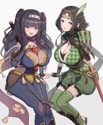 2girls absurdres arm_blade between_breasts black_gloves bodystocking breasts brown_hair checkered_print cleavage feather_hair_ornament feathers fingerless_gloves fire_emblem fire_emblem_awakening fire_emblem_heroes fishnets gloves gonzarez hair_ornament hand_on_own_chest headband highres large_breasts long_hair looking_at_viewer mother_and_daughter multiple_girls naughty_face ninja nintendo noire_(fire_emblem) noire_(ninja)_(fire_emblem) official_alternate_costume open_mouth paintbrush purple_eyes scarf scroll short_hair simple_background smile tharja_(fire_emblem) tharja_(ninja)_(fire_emblem) tongue tongue_out two_side_up vambraces weapon