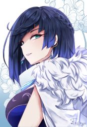 Rule 34 | 1girl, black hair, blue hair, blue shirt, braid, breasts, commentary, earrings, english commentary, facing to the side, feather collar, feathers, floral background, genshin impact, green eyes, hair over one eye, half updo, highres, jacket, jacket on shoulders, jewelry, large breasts, looking at viewer, multicolored hair, parted lips, shaded face, shirt, short hair, sleeveless, sleeveless shirt, smile, solo, tasikyu, tassel choker, white feathers, white jacket, yelan (genshin impact)