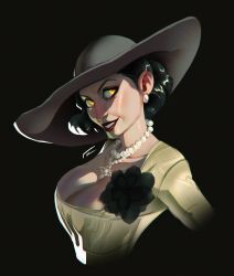 Rule 34 | 1girl, alcina dimitrescu, black hair, dress, earrings, evil smile, flower, hat, highres, jewelry, looking at viewer, luzdanaee, necklace, pearl necklace, resident evil, resident evil village, rose, short hair, smile, yellow eyes