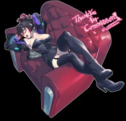Rule 34 | 1girl, arms up, artist name, black background, black corset, black footwear, black garter straps, black hair, black jacket, black thighhighs, boots, breasts, cleavage, collarbone, commission, corset, couch, english text, full body, garter straps, highres, jacket, large breasts, long sleeves, looking back, lying, on back, original, purple hair, purple jacket, simple background, skeb commission, solo, taisowbukurow, thigh boots, thighhighs, twitter username, watermark