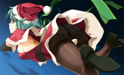 Rule 34 | 1girl, aqua eyes, aqua hair, ass, belt, between thighs, black footwear, black gloves, black panties, black pantyhose, breasts, capelet, carrying over shoulder, christmas, closed mouth, cloud, crotch seam, dress, gloves, green ribbon, hat, highres, night, night sky, original, panties, panties under pantyhose, pantyhose, red dress, red hair, ribbon, sack, santa costume, santa hat, shikei, shoes, short hair, sideboob, sky, smile, solo, star (sky), strapless, strapless dress, thighband pantyhose, underwear, upskirt, wallpaper
